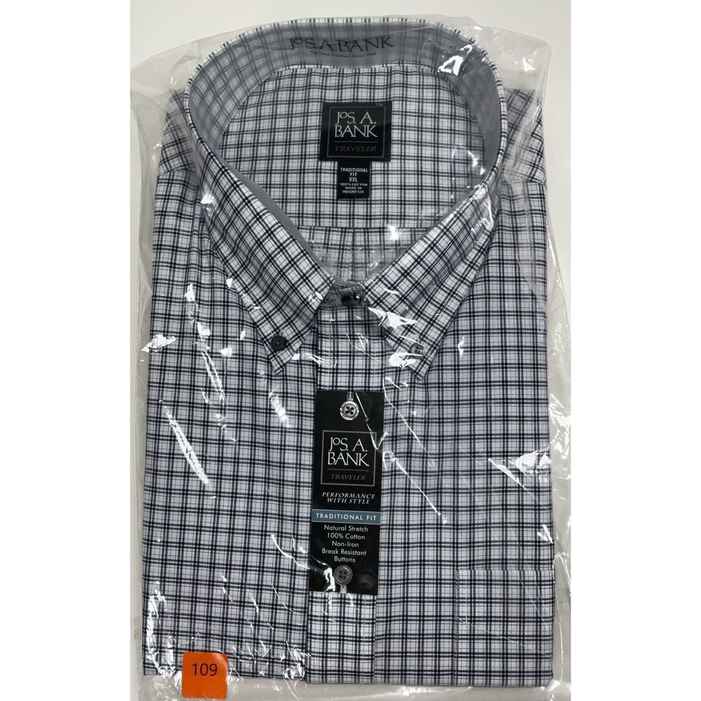NWT Men Jos. A. Bank Traveler‎ Traditional Fit Cotton Dress Shirt Navy Plaid XXL